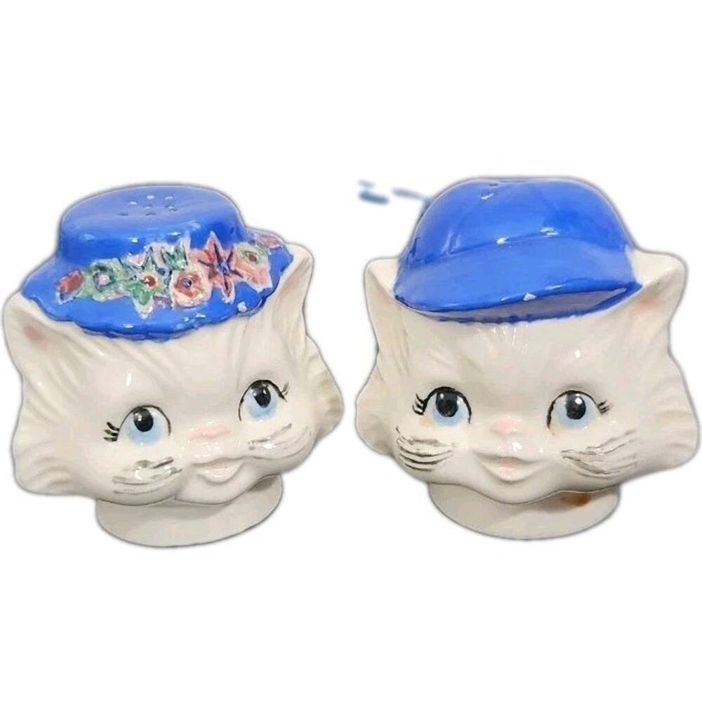VTG Big Eye Kitty Cat Ceramic Salt & Pepper Shakers Anthropomorphic Kitsch